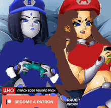 a cartoon of two girls playing a video game with a button that says who march 2020 reward pack