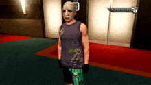 a man with a bandage on his head is standing in front of a door that says " cyber " on it