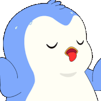 a cartoon penguin with its eyes closed and its tongue out