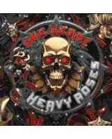 a heavy roses logo with a gold skull and red eyes