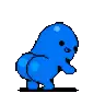 a blue cartoon character with a big butt is standing on a black surface .