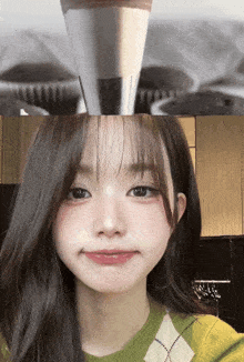 a close up of a girl 's face next to a picture of a piping bag