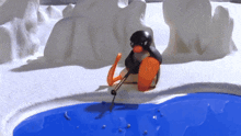 a penguin is fishing in a small pool of water
