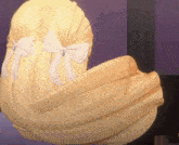 a drawing of a girl with long blonde hair and a white bow