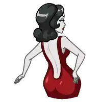 a cartoon drawing of a woman in a red dress holding her butt .