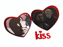 a picture of a man and a woman with the word kiss underneath