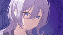 a girl with purple hair and blue eyes looks sad