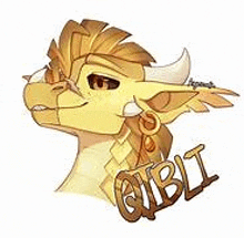 a drawing of a yellow dragon with horns and the word bibi on it .