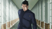 a man in a black suit is walking down a hallway with a ssj oneplus logo on the bottom right