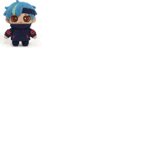 a stuffed toy with blue hair and red sleeves is on a white background