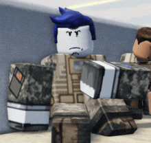 a toy soldier with blue hair has a sad face on his face
