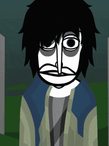 a cartoon drawing of a man with black hair and a white face