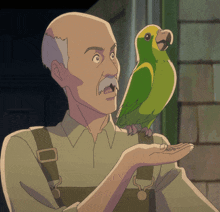 a cartoon of a man holding a green parrot on his hand