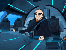 a man in a suit and sunglasses is driving a vehicle