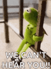 kermit the frog is sitting on a railing holding onto a railing .