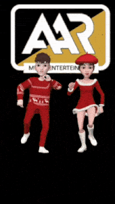 a boy and a girl are dancing in front of a aar logo