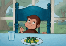 a cartoon of a monkey sitting at a table with a plate of food