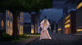 a woman in a blue superhero costume is running through a city at night