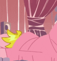 a cartoon character is laying on a bed with a pink comforter