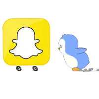a snapchat icon next to a penguin on wheels