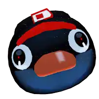 a black ball with a red and white square on it 's hat