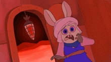 a cartoon character with bunny ears is standing in front of a hole with a carrot in it
