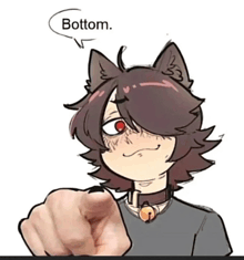 a drawing of a cat pointing at the viewer with a speech bubble saying " bottom "
