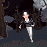 a cartoon character with a striped shirt and white pants is running