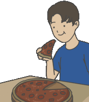 a man in a blue shirt is eating a pizza