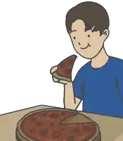 a man in a blue shirt is eating a pizza