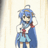 a cartoon girl with long blue hair is standing in front of a white wall
