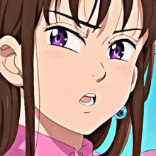 a close up of a girl with purple eyes and a pink shirt