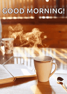 a cup of coffee with steam coming out of it and the words " good morning "