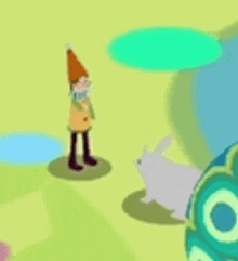 a cartoon character is standing next to a rabbit on a field .