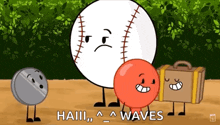 a group of cartoon characters are standing next to each other and one of them is a baseball .