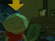 a cartoon character with a yellow arrow pointing to the left