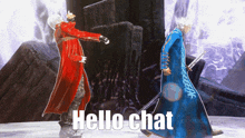 two devil may cry characters standing next to each other with the text hello chat