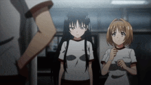 two anime girls are standing next to each other and one of them has a name tag that says ' aoi ' on it