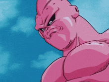 a close up of a pink cartoon character with an angry look on his face