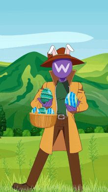 a man with bunny ears is holding a basket of easter eggs in a field