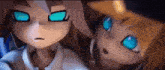 a close up of two anime characters with blue eyes .