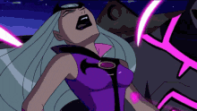 a cartoon character is wearing a purple and pink outfit and screaming