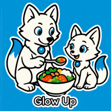 a cartoon illustration of two foxes eating a bowl of food with the words glow up below them