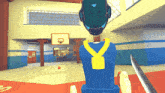a cartoon drawing of a person in a gym with a medal around their neck and a basketball court in the background