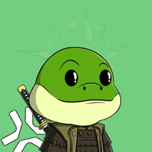 a cartoon of a frog with a sword on his back