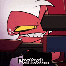 a cartoon character is holding a gun and the word perfect is below him
