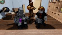 two roblox characters are standing next to each other in a room with a globe in the background