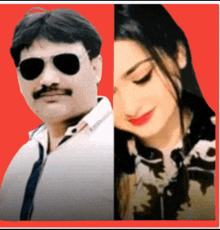 a man with sunglasses and a woman with red lips