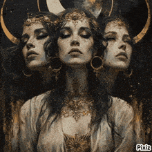 a painting of a woman with three faces has pixiz written underneath it