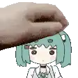 a pixel art drawing of a girl with green hair and a hand holding her head .